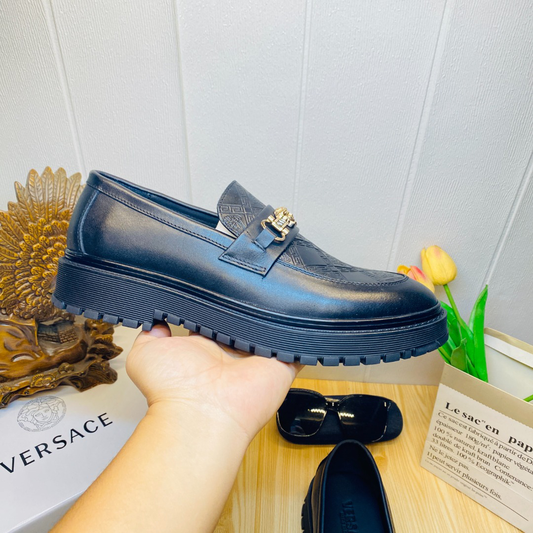 VERSACE Solid Black Formal Leather Shoes - Image 4