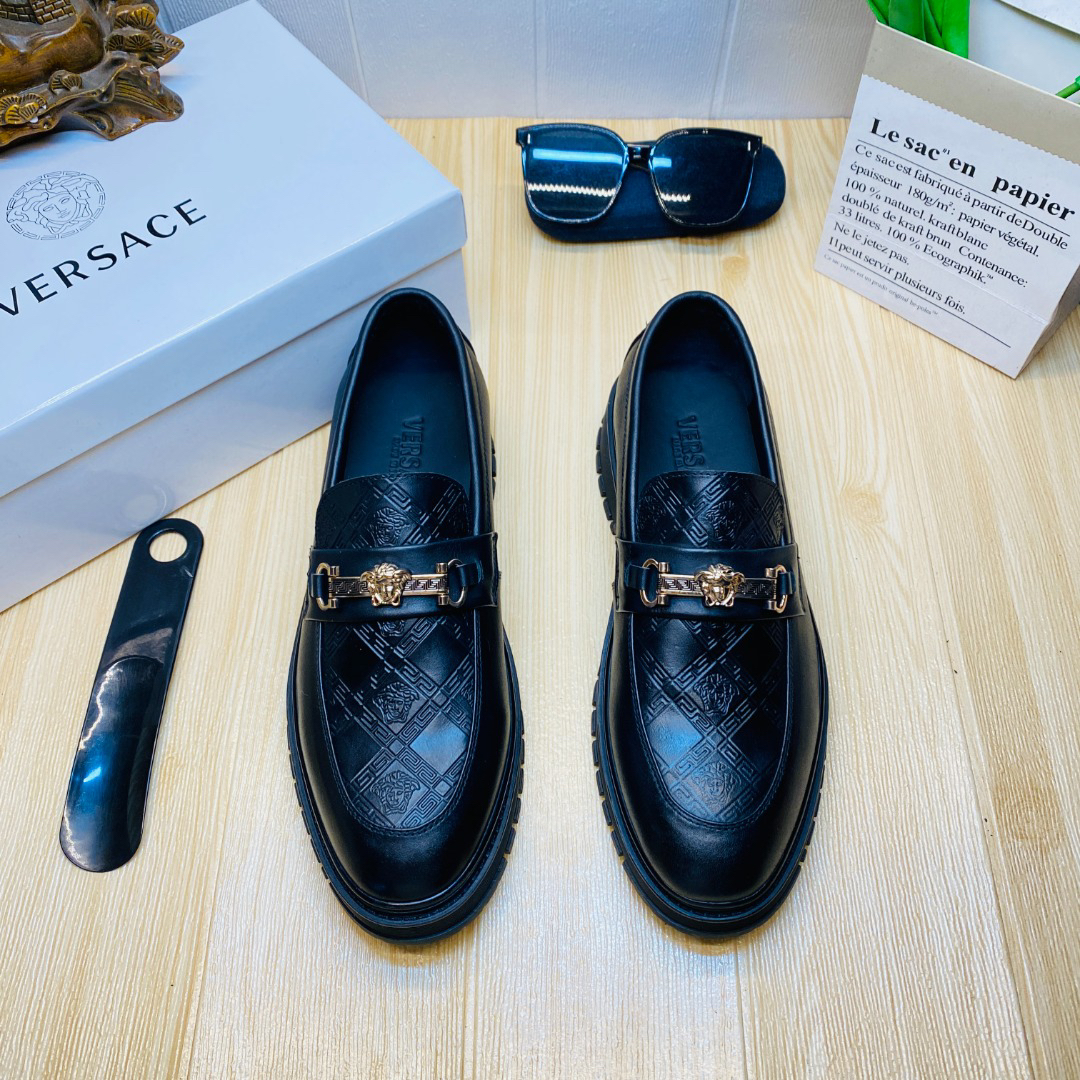 VERSACE Solid Black Formal Leather Shoes - Image 6