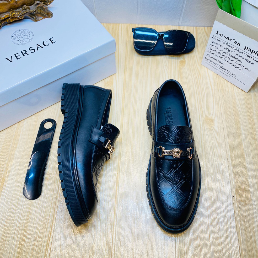 VERSACE Solid Black Formal Leather Shoes - Image 7