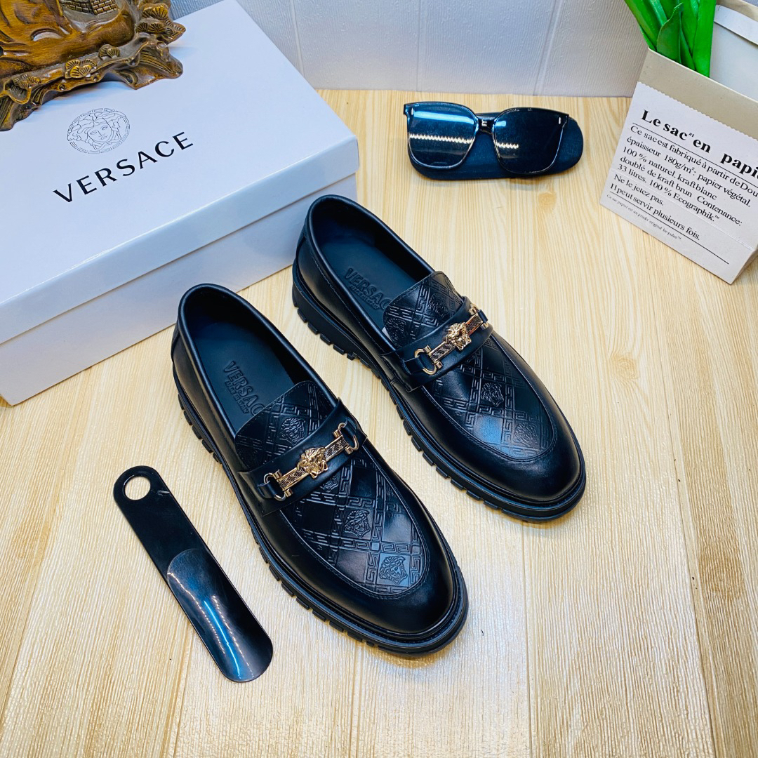 VERSACE Solid Black Formal Leather Shoes - Image 8