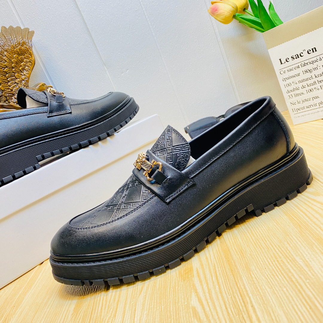 VERSACE Solid Black Formal Leather Shoes - Image 3